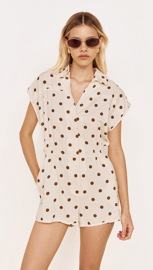 Relaxed Fit Playsuit in Chocolate Spot featuring a classic chocolate spot print on a soft cream base.