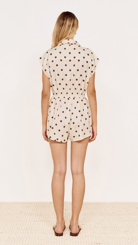 Back view of Relaxed Fit Playsuit in Chocolate Spot, showcasing a soft cream base with chocolate spots.