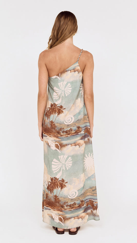 Island Print One Shoulder Maxi Dress