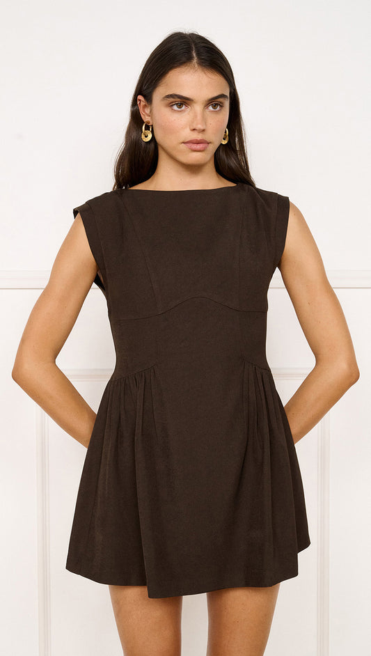 Pleat Waisted Mini Dress in Chocolate featuring a fitted silhouette and gathered skirt.