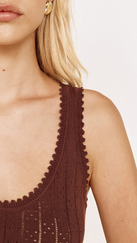 Close-up of the scoop neckline and scalloped edges of the Cotton Pointelle Knit Tank in Chocolate.
