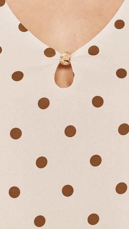 Gold Detail Keyhole Mini Dress in Chocolate Spot featuring a deep V-neckline and keyhole opening with bead detail.