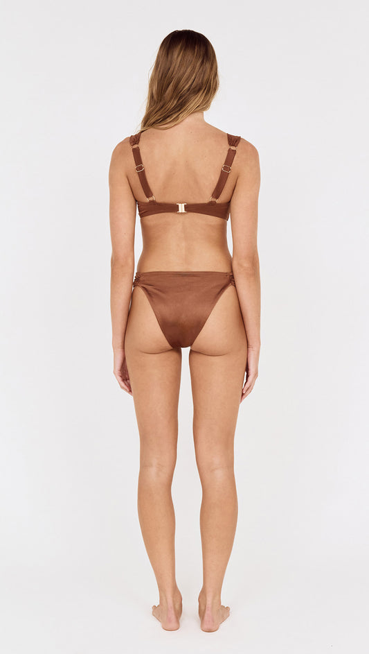 Satin Effect Gathered Bikini Bottom in Bronze viewed from the back, highlighting the gathered side detailing and high-cut silhouette.