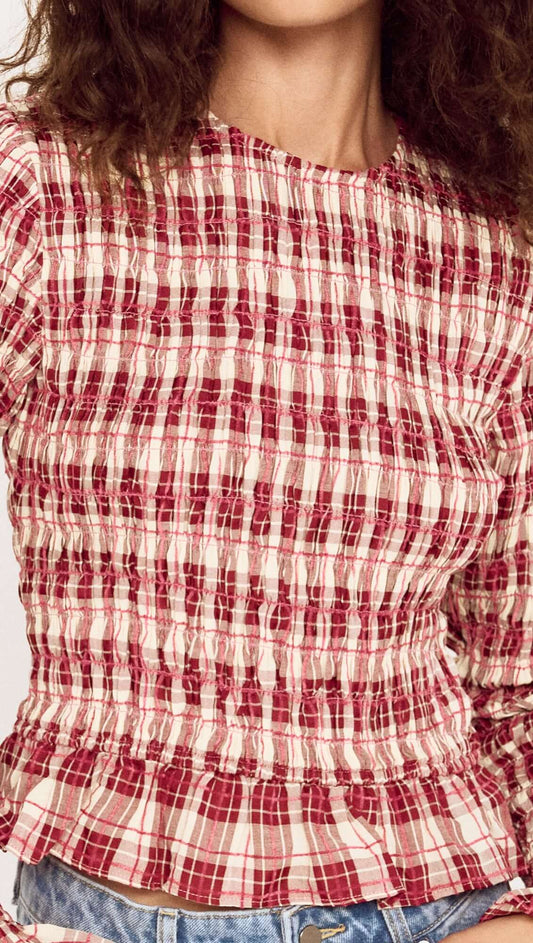 Frill Hem Check Print Shirred Top