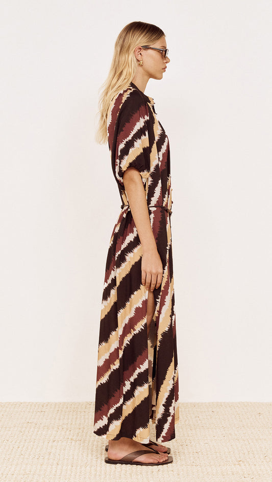Puff Sleeve Belted Shirt Dress in Abstract Stripe side view, featuring a relaxed silhouette and abstract diagonal stripe print.