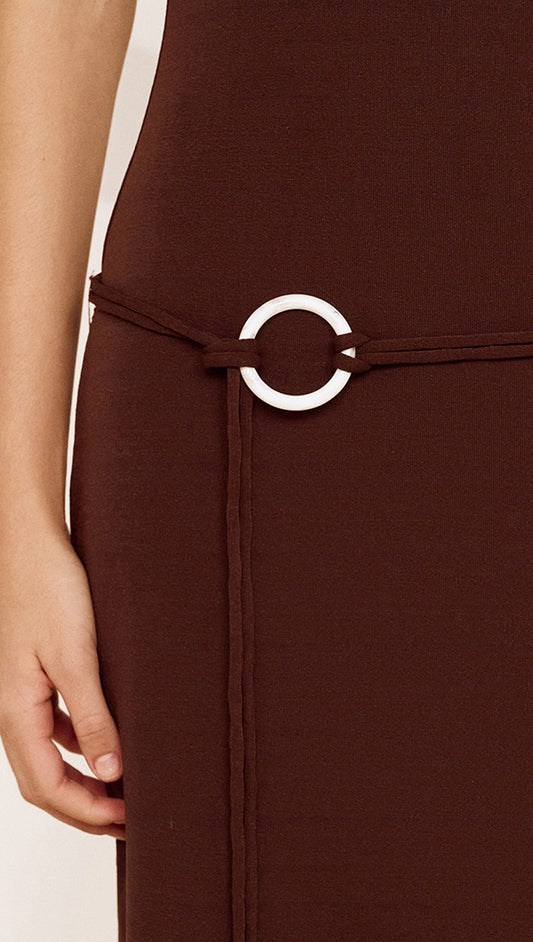 Detail of the Cap Sleeve Mesh Maxi Dress in Chocolate showcasing the slim tie and statement ring hardware.
