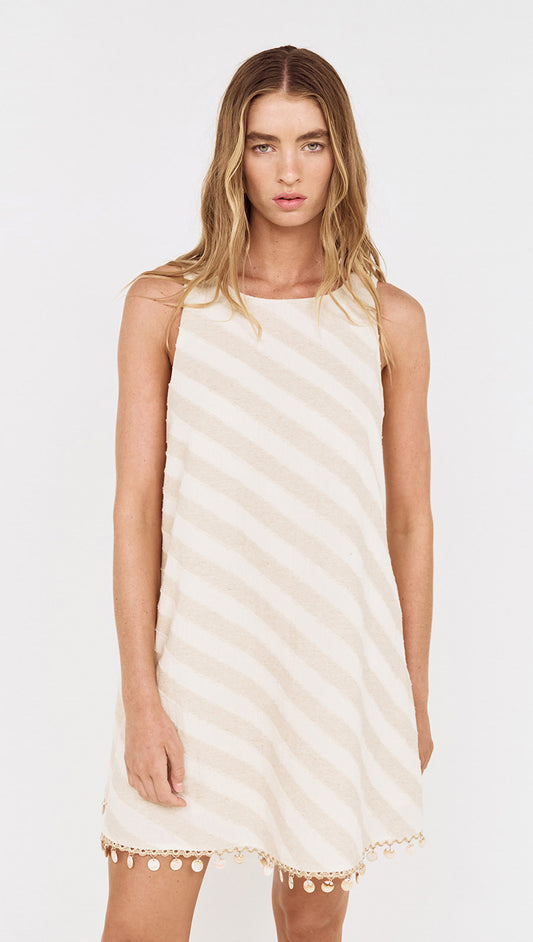 Cotton Linen Blend Mini Dress with Shell Detail worn by a model in a light striped pattern.
