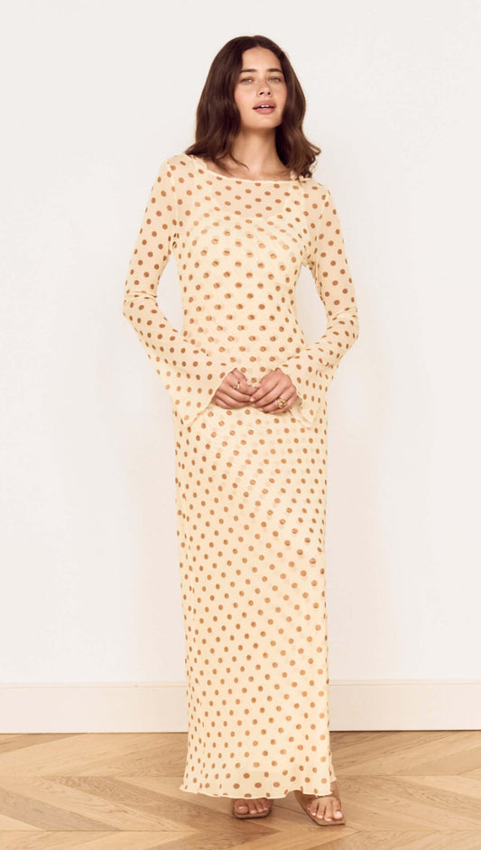 Butter Yellow Polka Dot Midi Dress featuring a boat neckline and flared sleeves in a lightweight fabric.