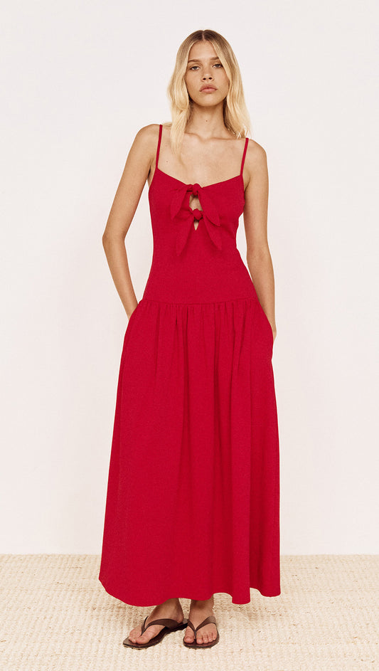 Cotton Jersey Tie Front Midi Dress in Red, featuring a fitted bodice, sweetheart neckline, and double tie-front detail.