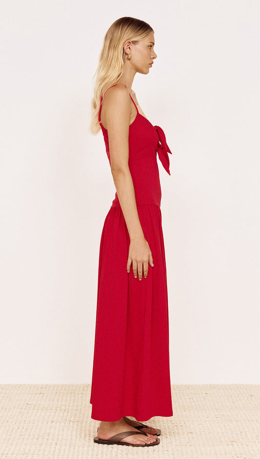 Cotton Jersey Tie Front Midi Dress in Red side view on a model, showcasing tie-front detail and gathered skirt.