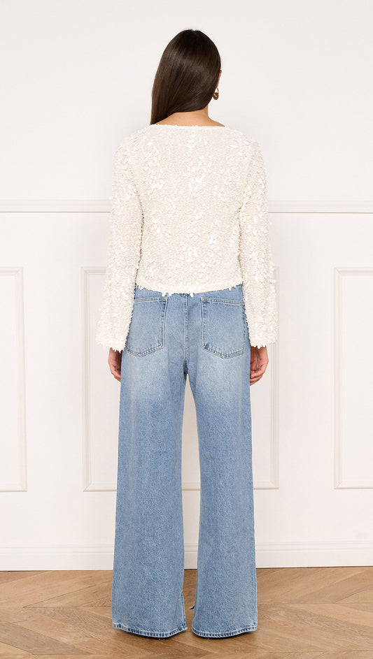 Flute Sleeve Sequin Tie Blouse in Cream
