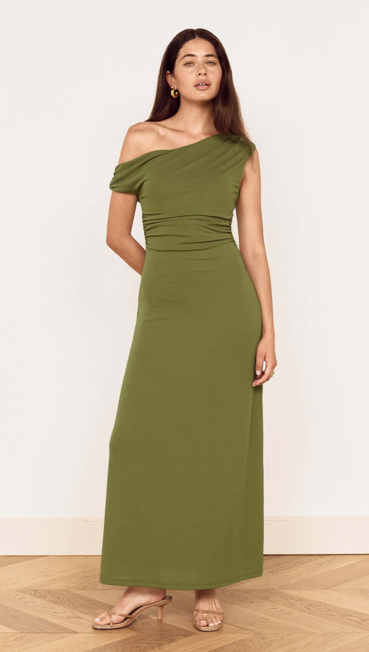 Green One Shoulder Mesh Midi Dress in a soft stretch mesh, featuring an asymmetrical silhouette and gathered details.