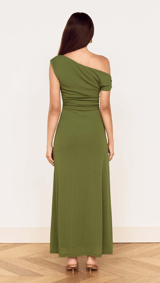 Back view of Green One Shoulder Mesh Midi Dress showcasing its elegant fit and gathered detailing.