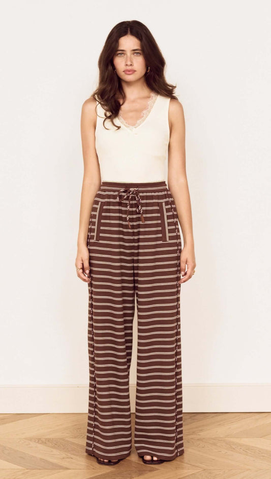 Model wearing Stripe Relaxed Drawstring Jersey Pant with a soft stretch fabric and vintage chocolate stripe design.