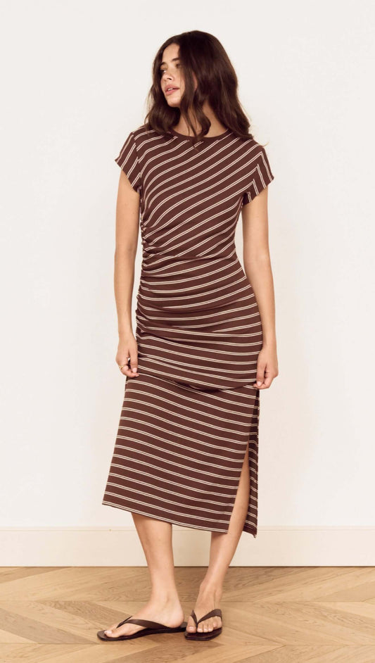 Model wearing a Striped Jersey Ruched Midi Dress with chocolate stripes and cap sleeves, showcasing stylish comfort.