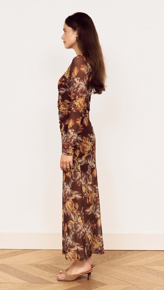 Brown Floral Gathered Mesh Midi Dress shown from the side view, featuring a sheer mesh fabric and oversized floral print.