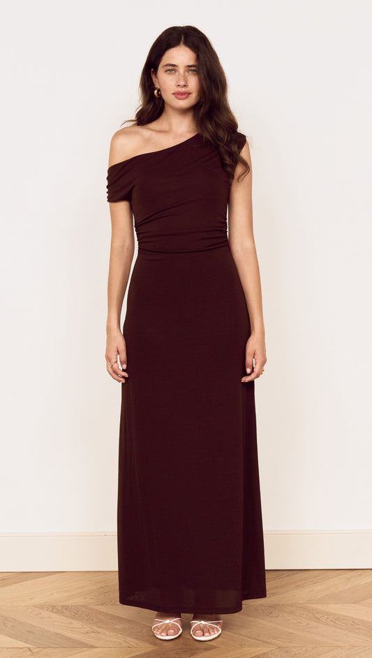 Chocolate One Shoulder Mesh Midi Dress featuring an off-shoulder neckline and fluid midi skirt for modern elegance.