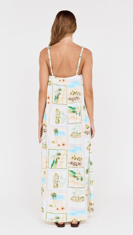 Island Postcard Print Maxi Dress with Braided Straps