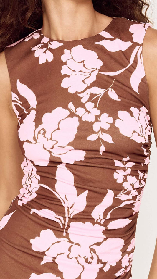 Sleeveless Pink Floral Mesh Midi Dress