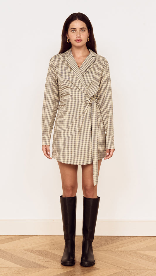 Cotton Wrap Detail Shirtdress in Blue Check worn by model with knee-high boots on a neutral background.