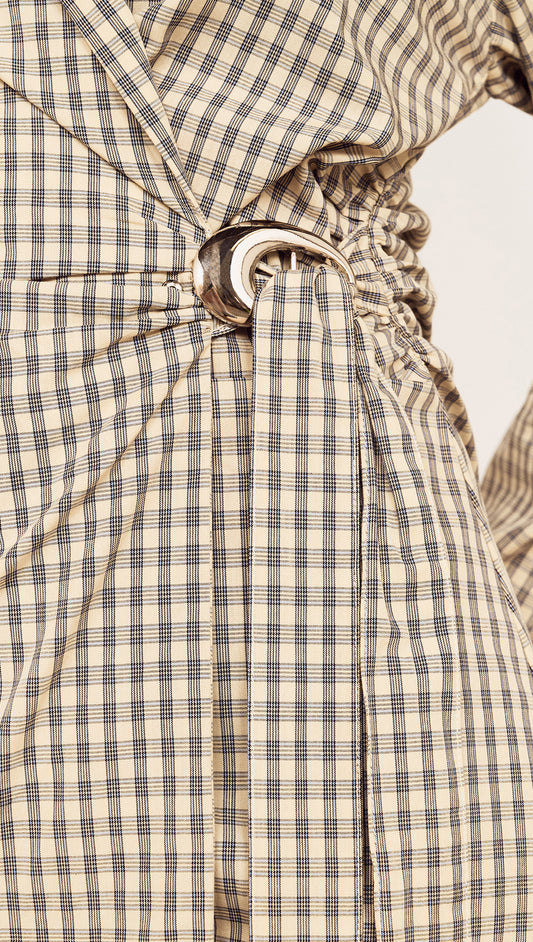 Cotton Wrap Detail Shirtdress in Blue Check showcasing intricate wrap detail and statement hardware.