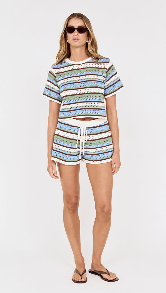 Blue & Green Stripe Crochet Cropped Tee worn with matching shorts, ideal for beach days and warm weather.