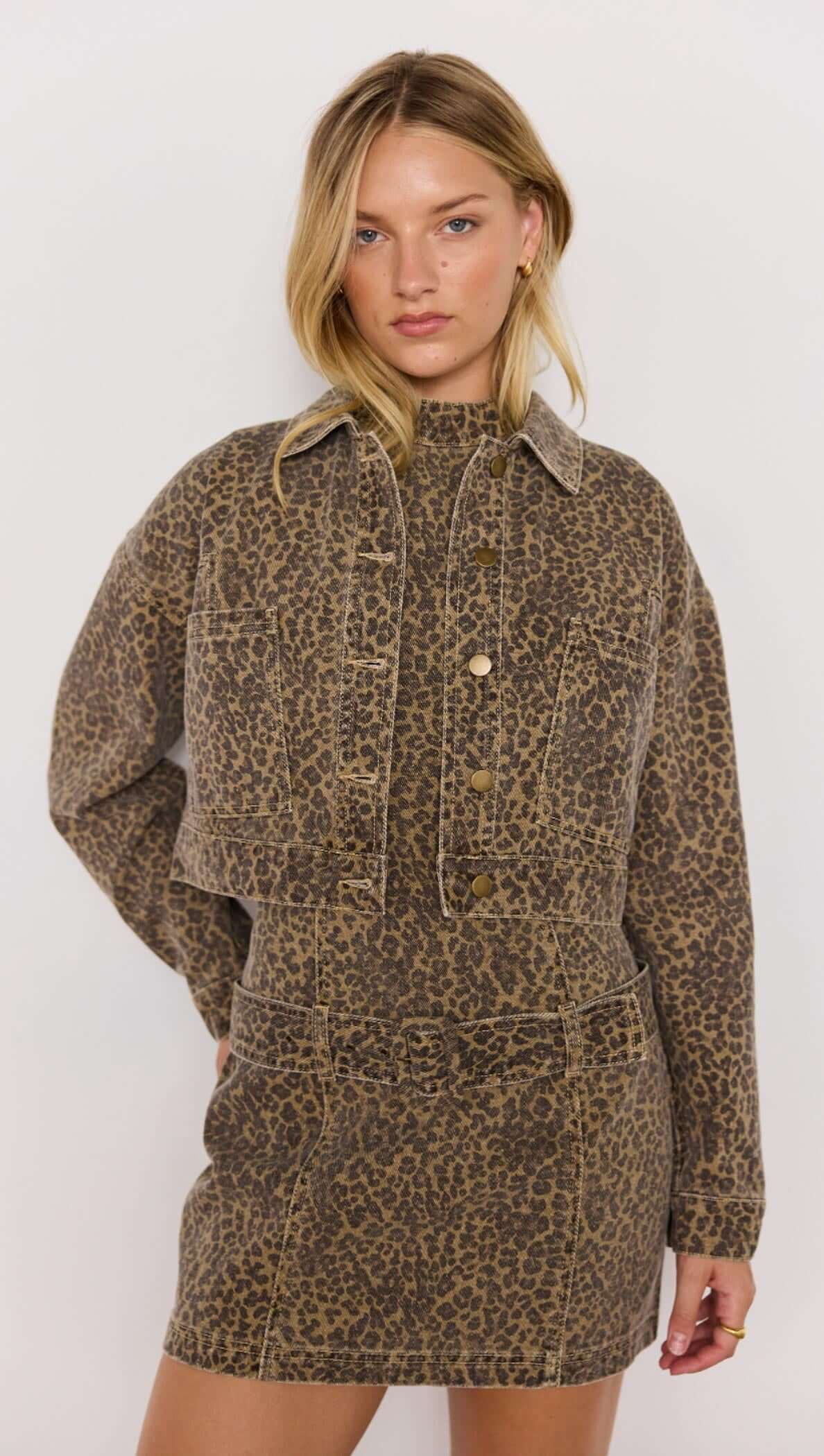 Anouk Mini Dress - Cheetah animal print Denim mini dress, sleeveless with high neck and low waist belt