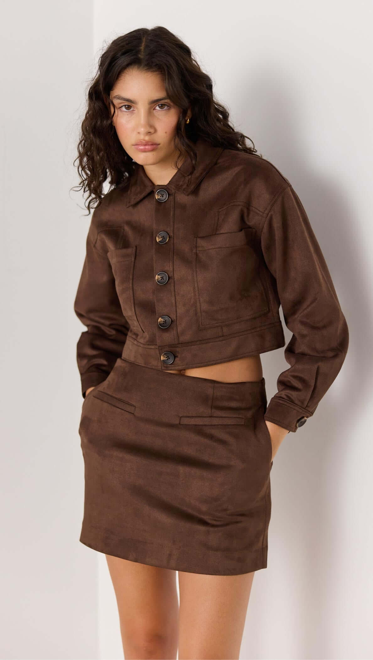 Aston Suede Crop Jacket - Matching set crop jacket brown faux suede