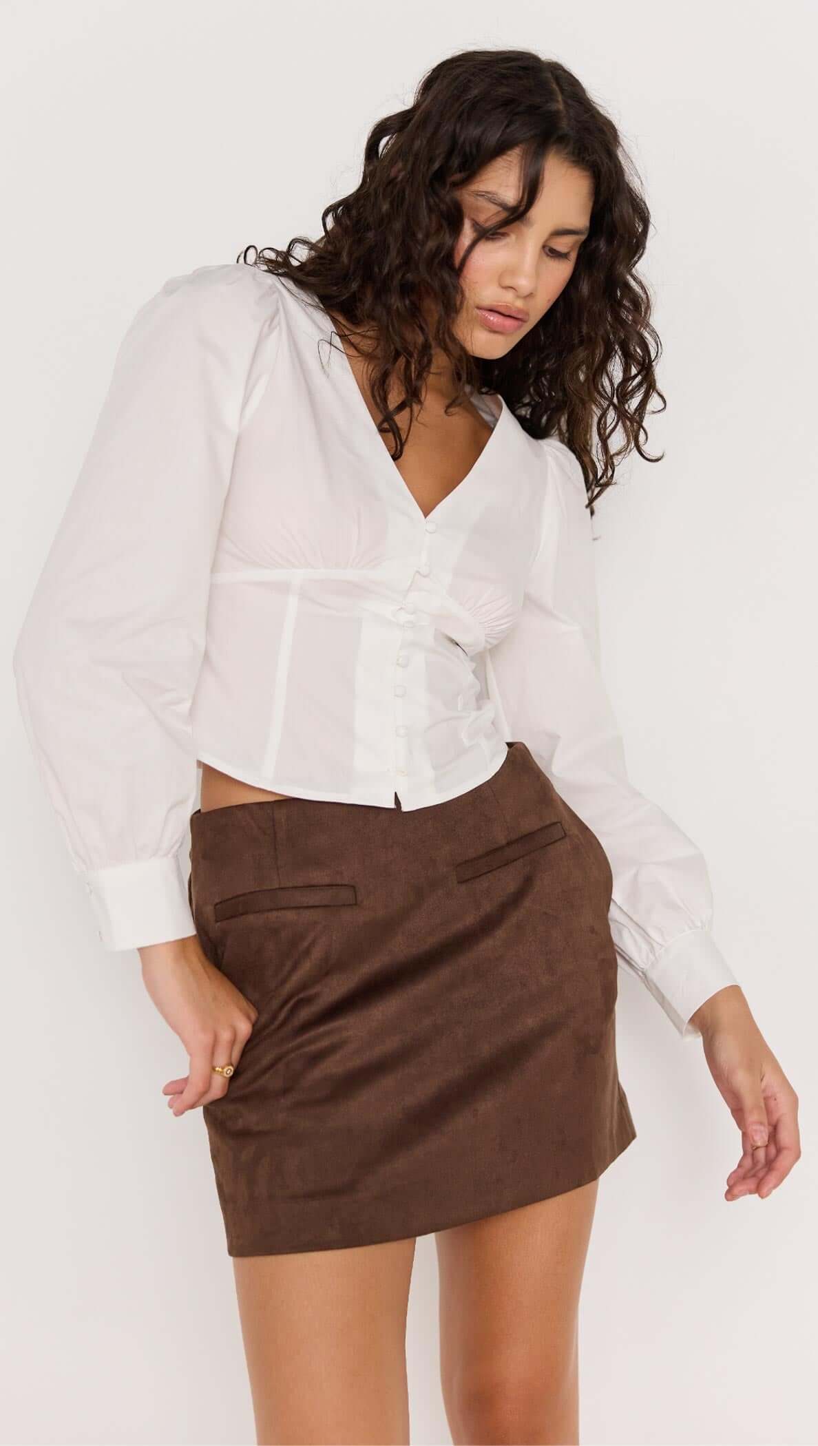 Daria Corset Blouse in White - button up fitted blouse, slightly cropped