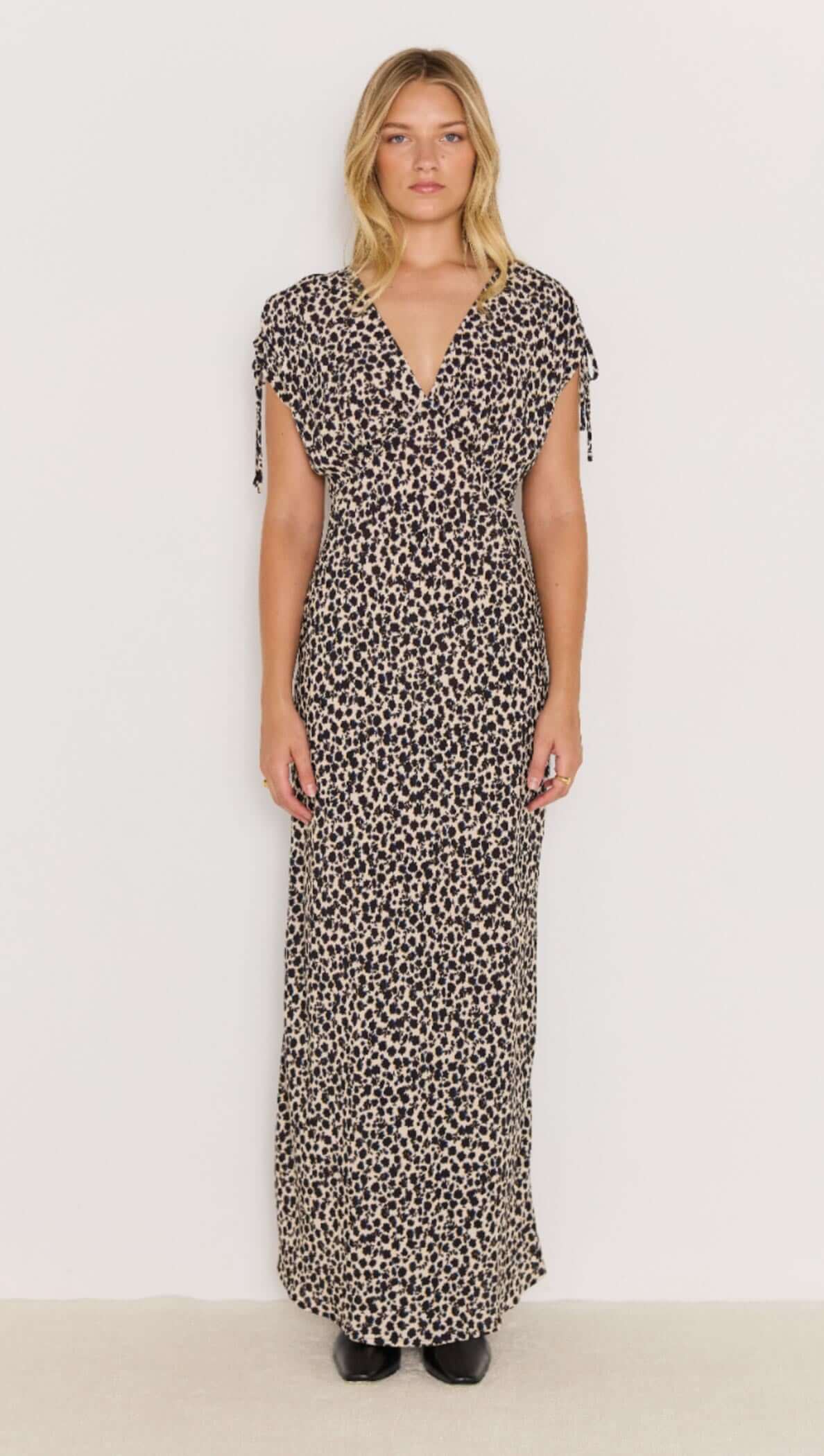 Elka Bias Maxi dress - v neck black and white printed dress with short sleeves, bias cut, flattering fit
