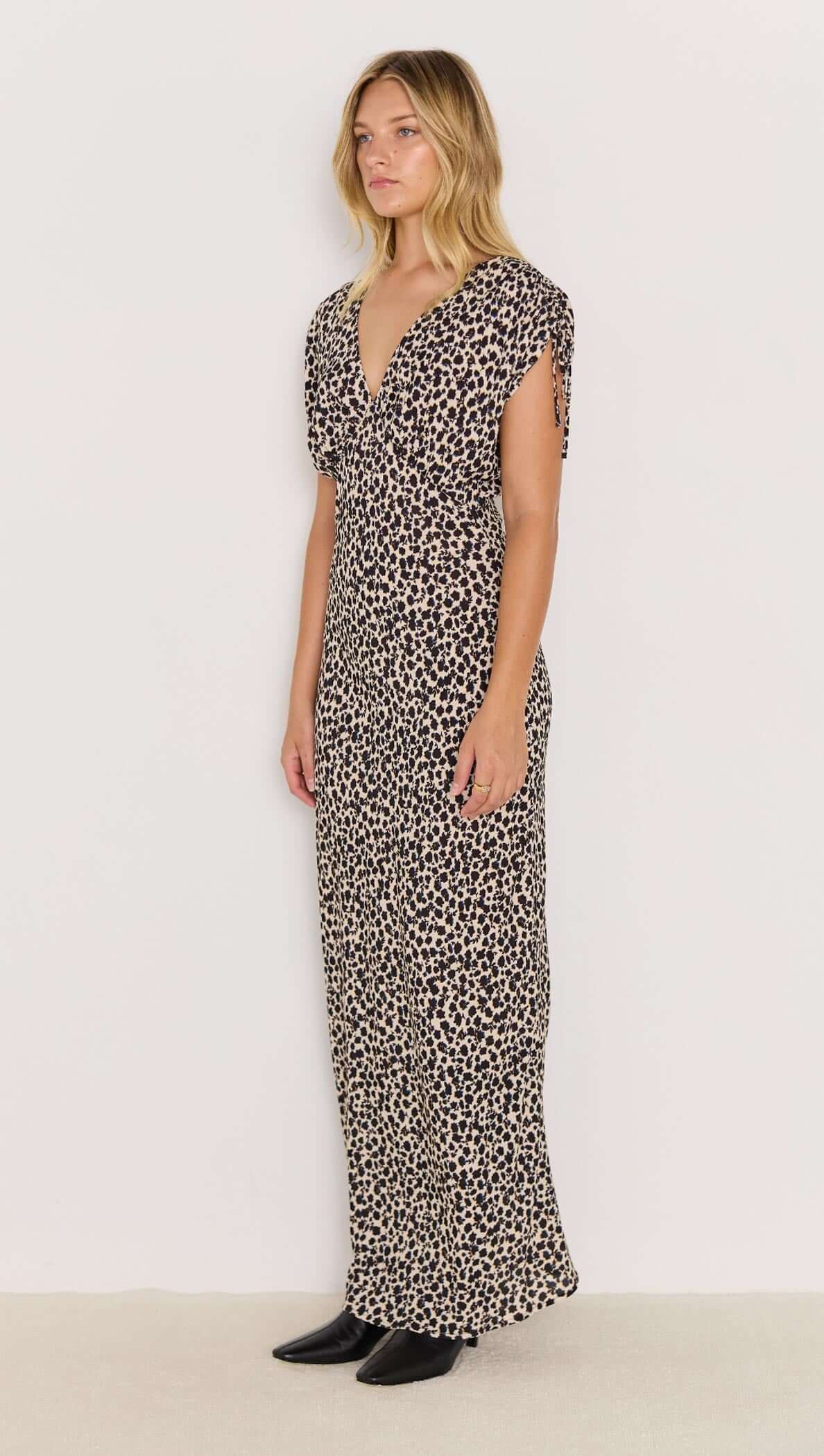 Elka Bias Maxi dress - v neck black and white printed dress with short sleeves, bias cut, flattering fit