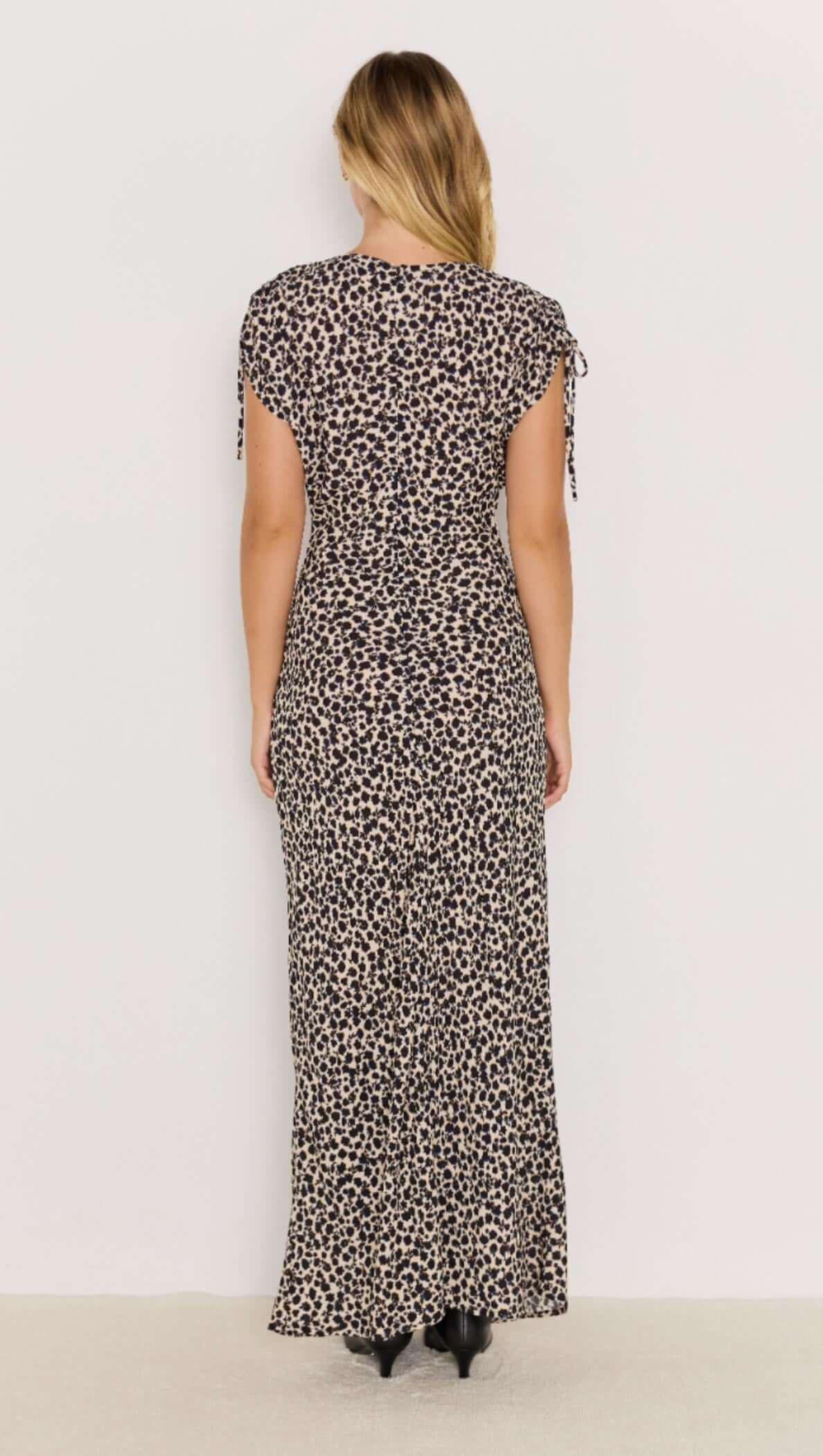 Elka Bias Maxi dress - v neck black and white printed dress with short sleeves, bias cut, flattering fit