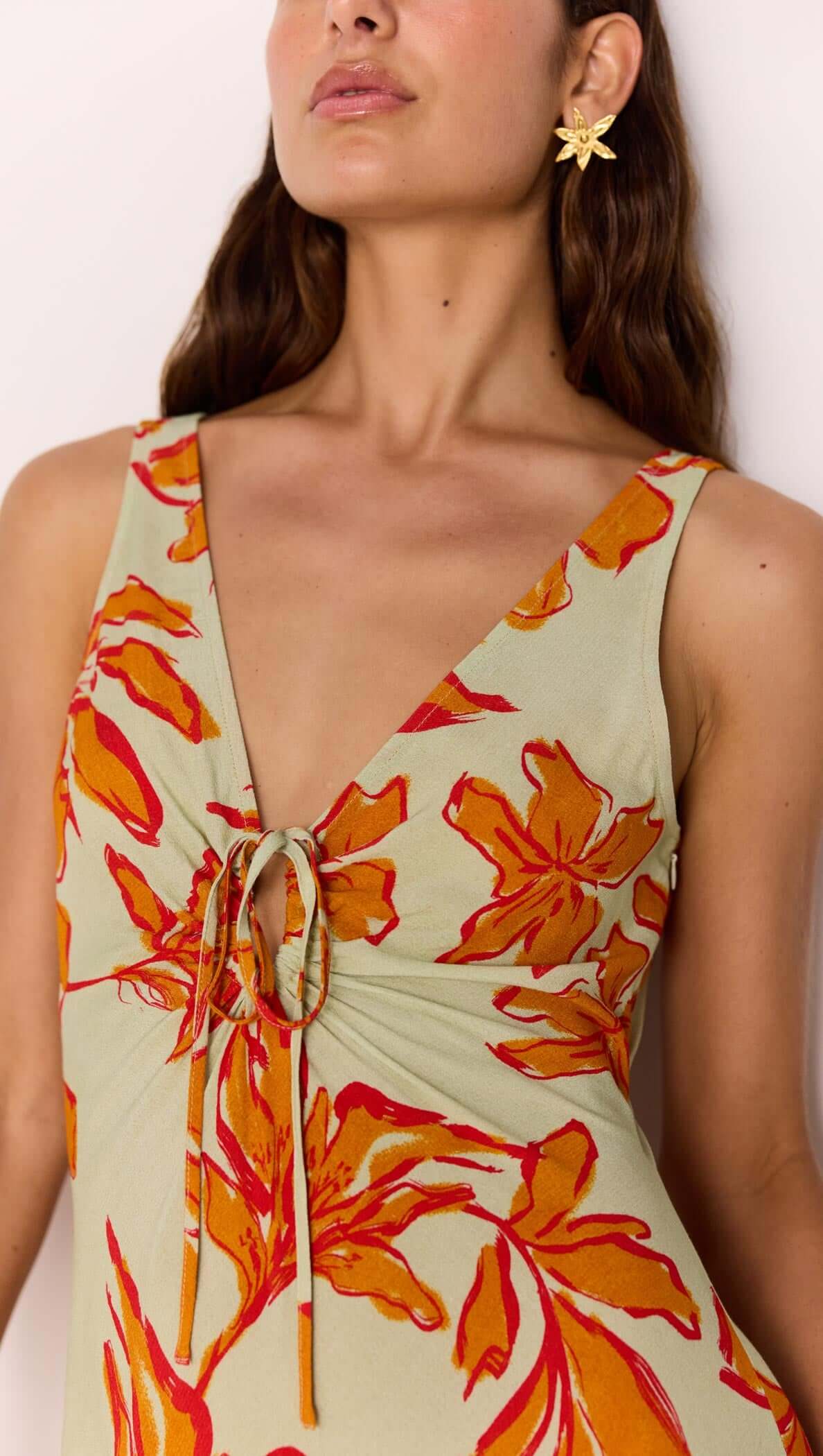 Green & Orange Floral Keyhole Midi Dress