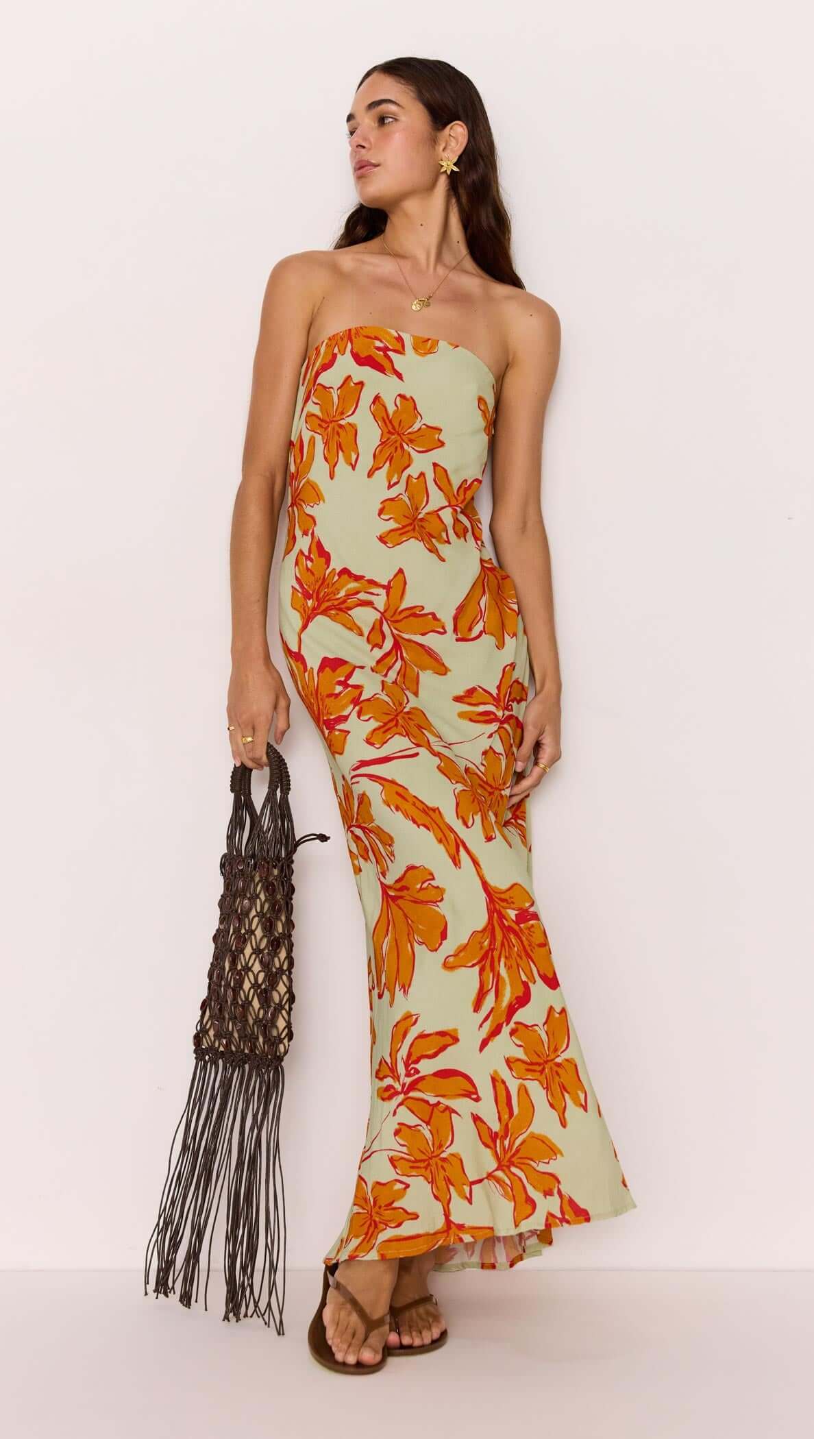 Estelle Green & Orange Floral Strapless Maxi Dress