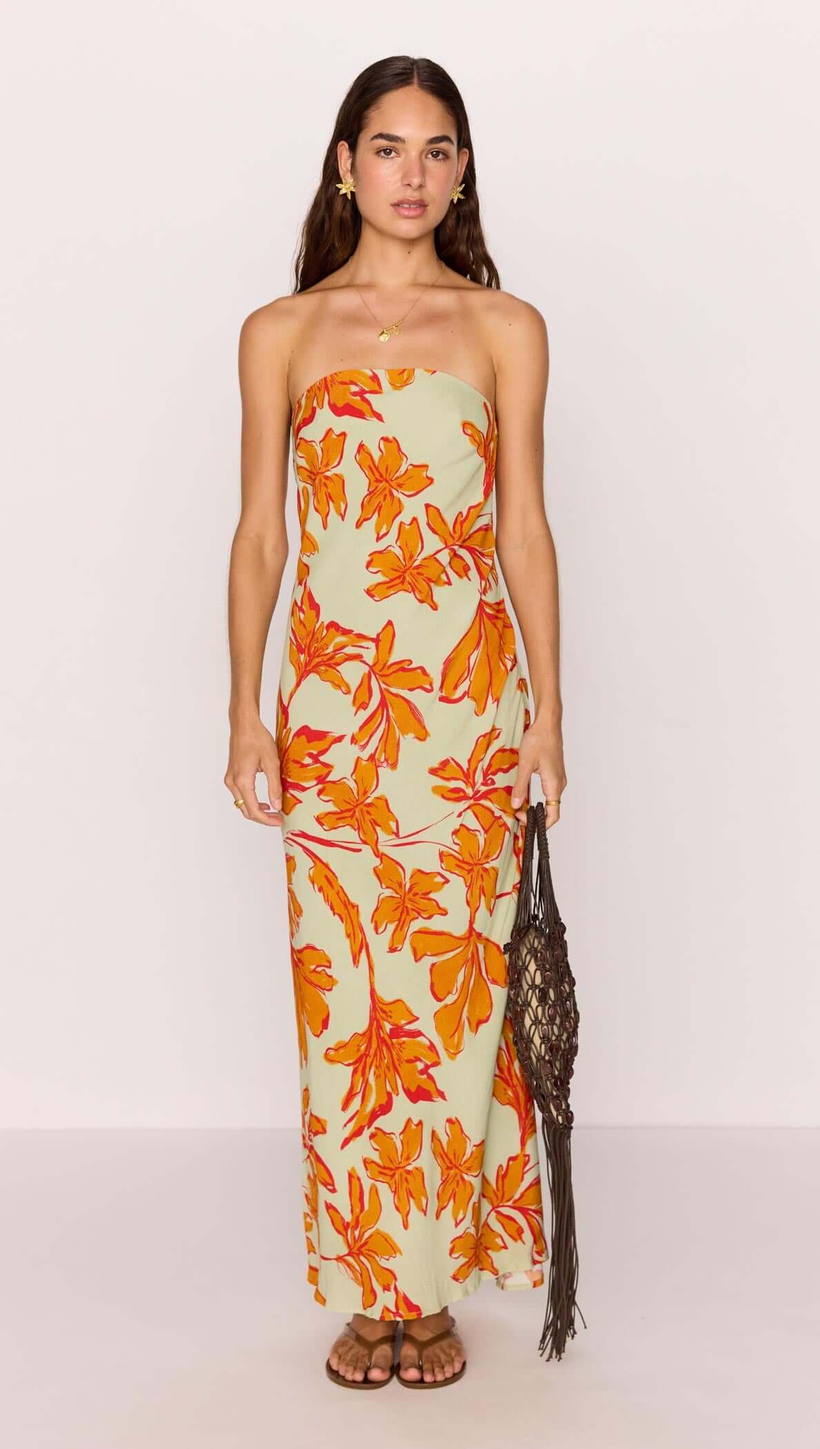 Estelle Green & Orange Floral Strapless Maxi Dress
