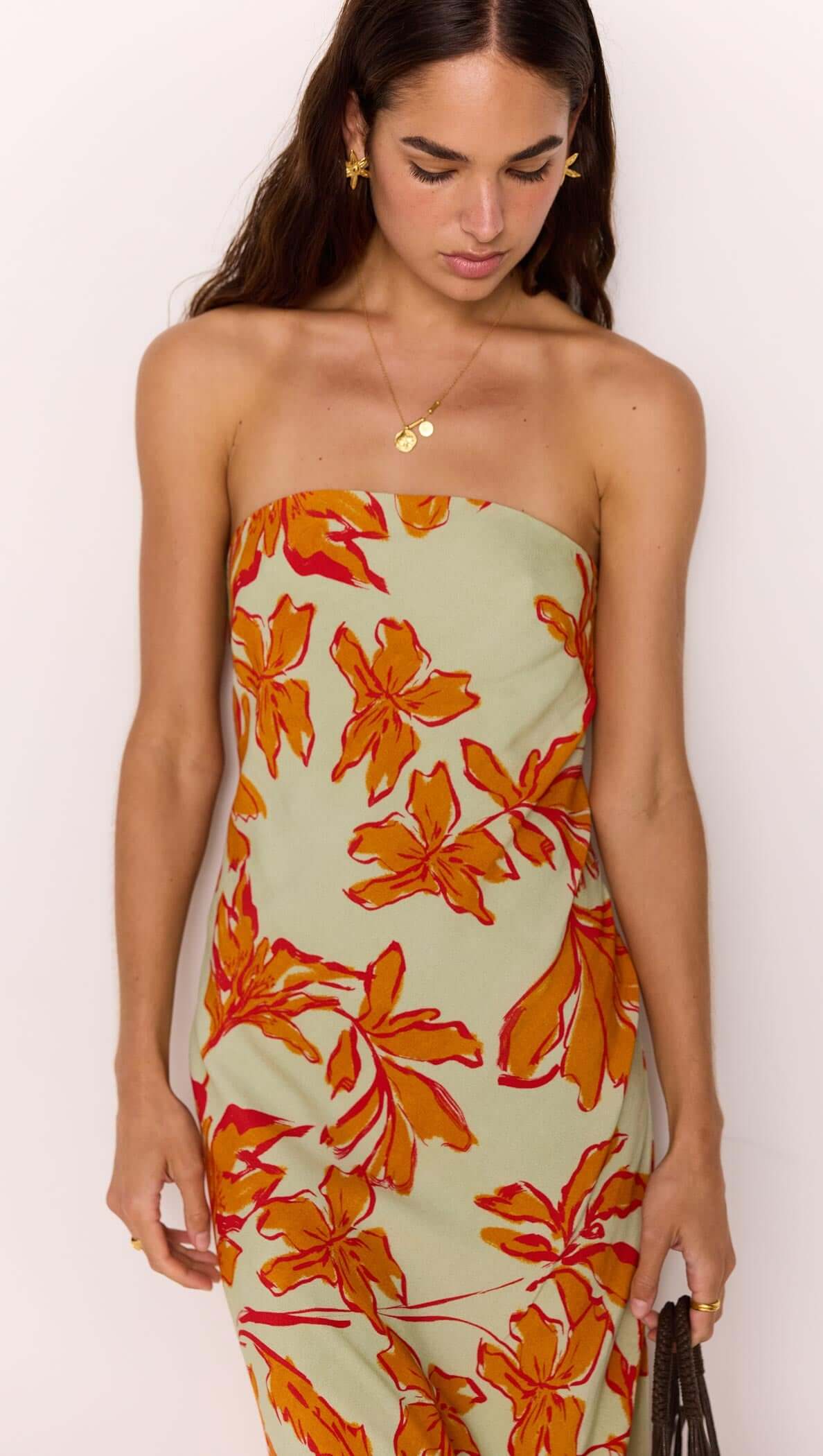 Estelle Green & Orange Floral Strapless Maxi Dress
