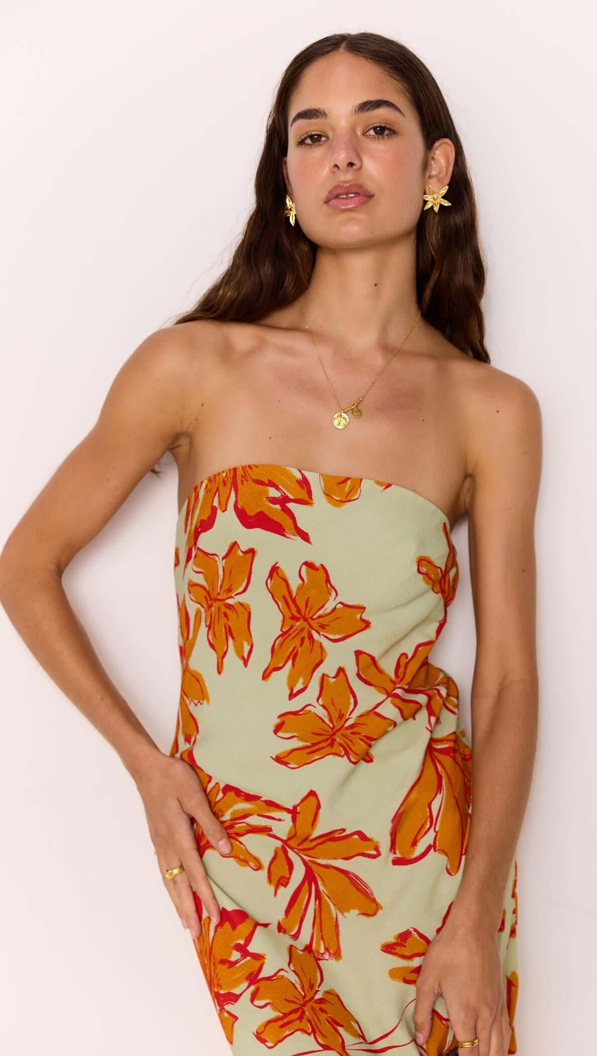 Estelle Green & Orange Floral Strapless Maxi Dress