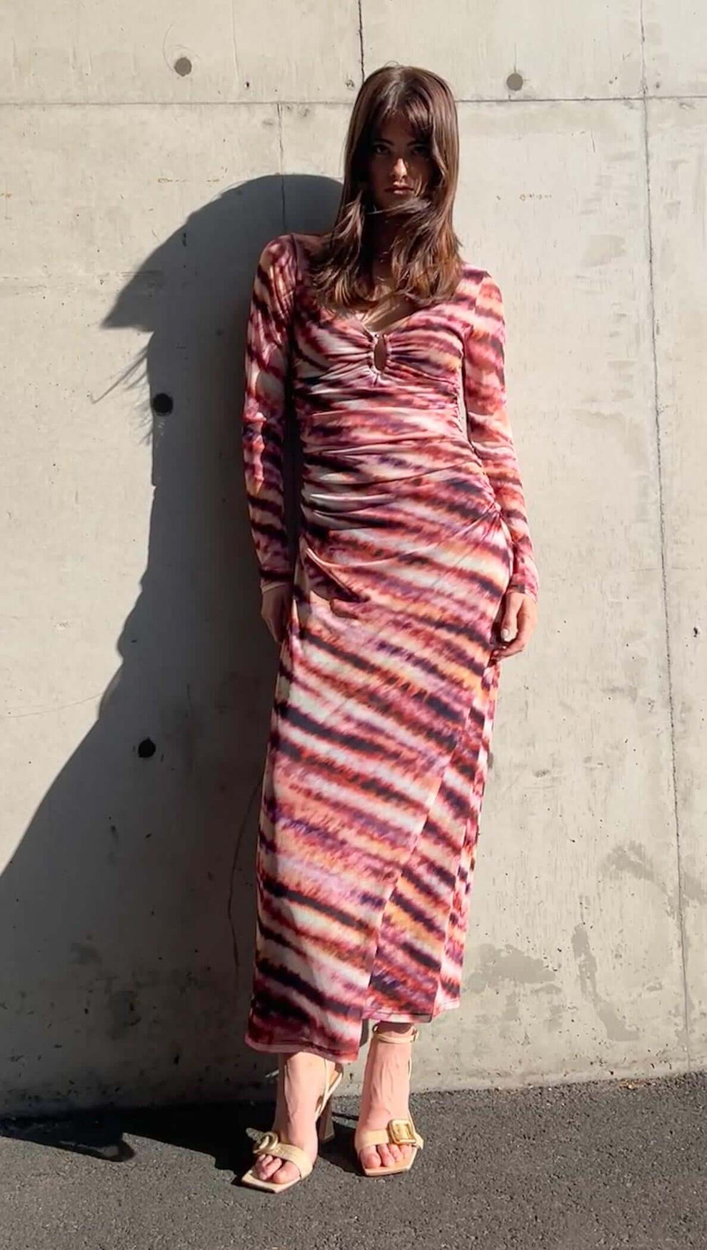 Pink & Purple Striped Mesh Midi Dress