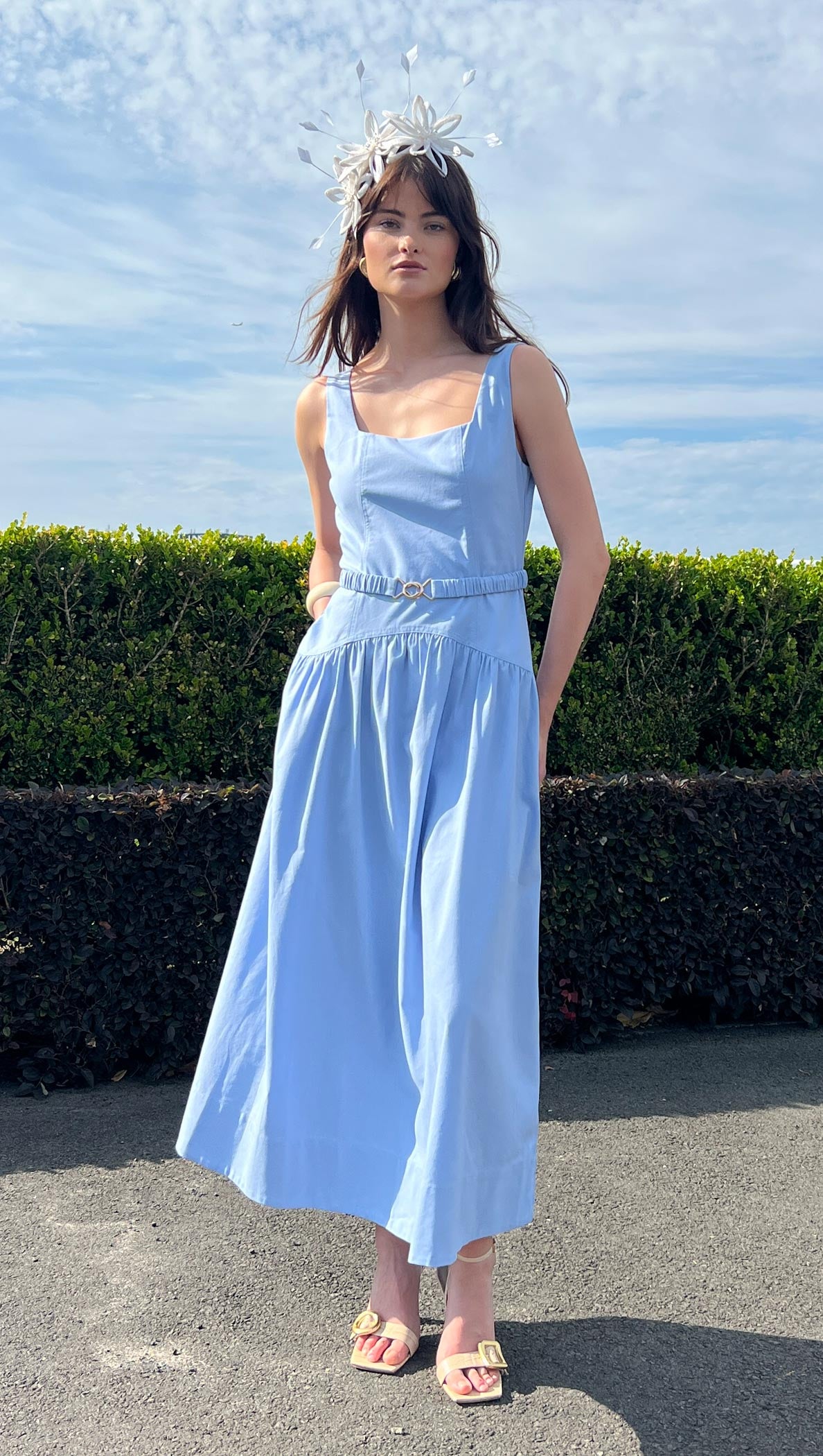 Sky Blue Drop Waist Belted Midi Dress
