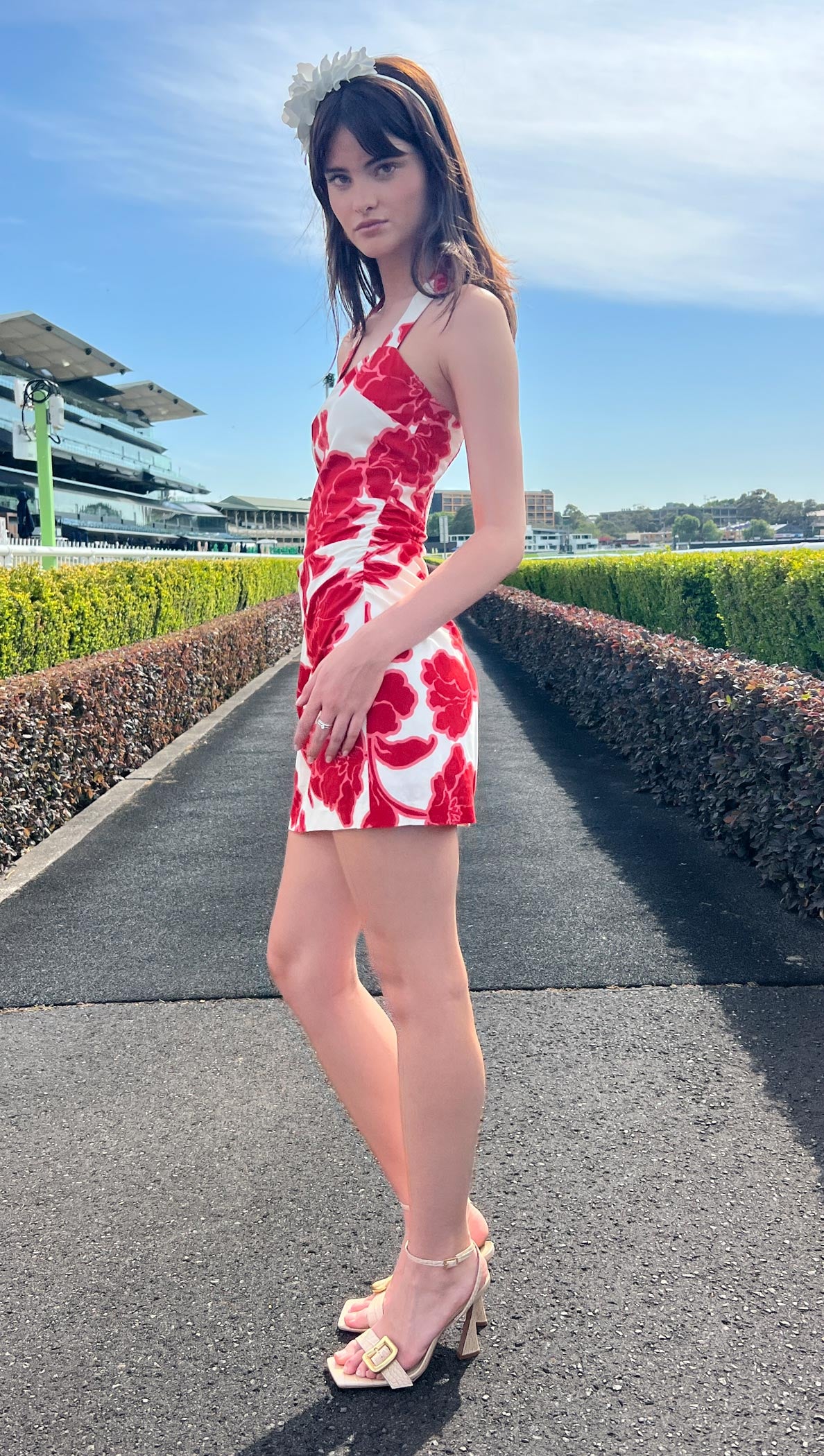 Red & White Floral Linen Blend Halter-Neck Mini Dress