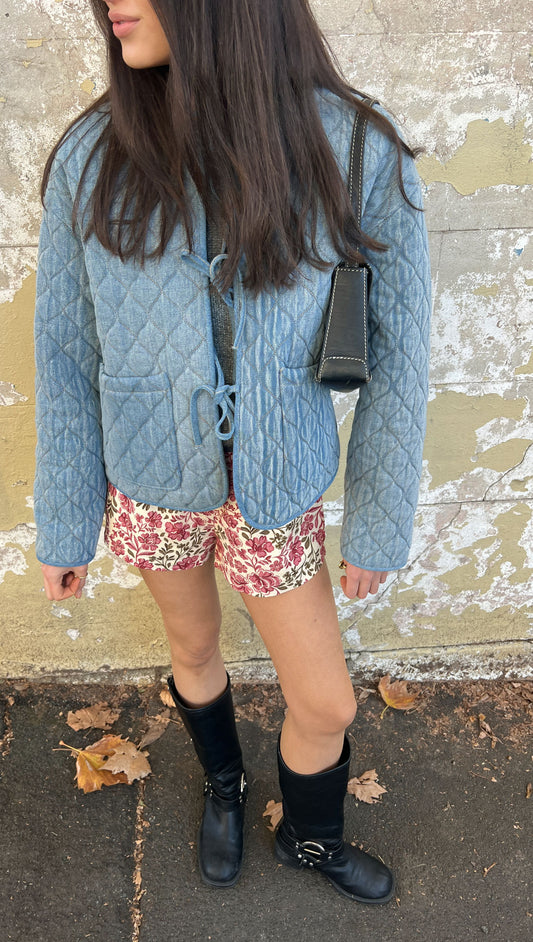 Quilted Denim Jacket with Tie Front