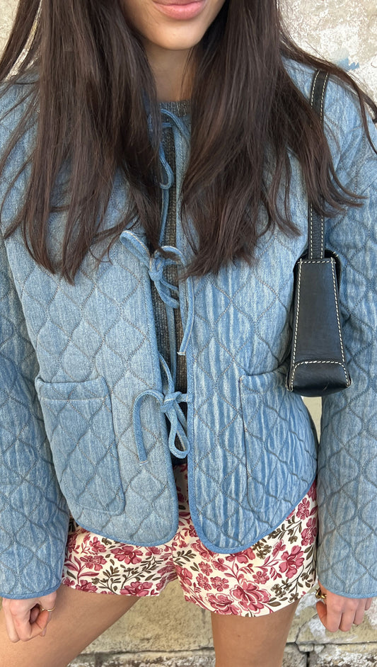 Quilted Denim Jacket with Tie Front