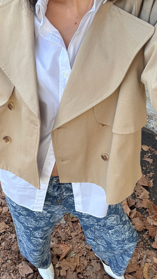 Beige Cotton Drill Cropped Trench Coat