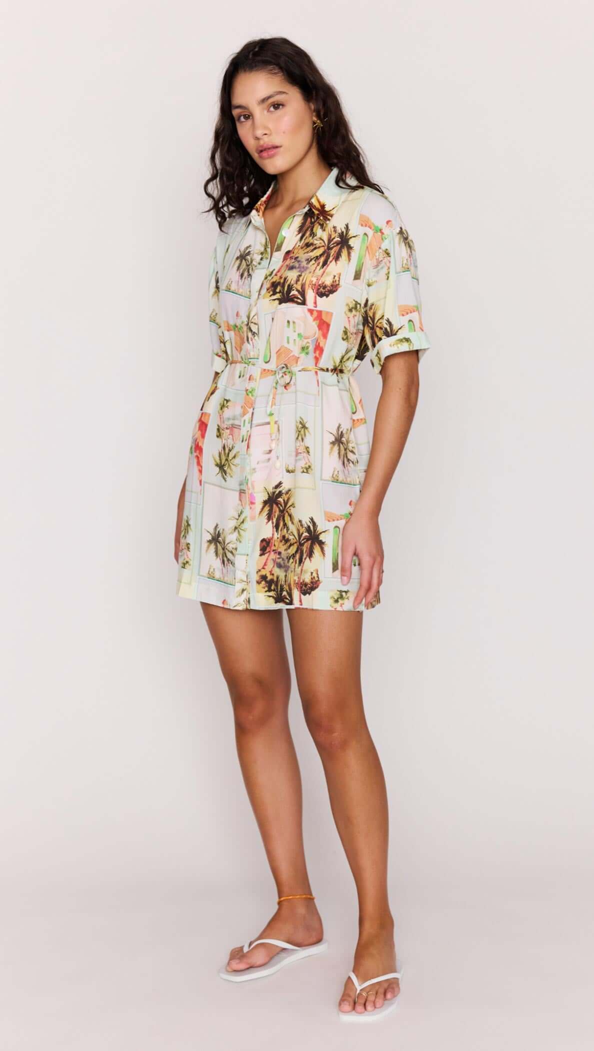 Vintage Postcard Print Mini Shirtdress