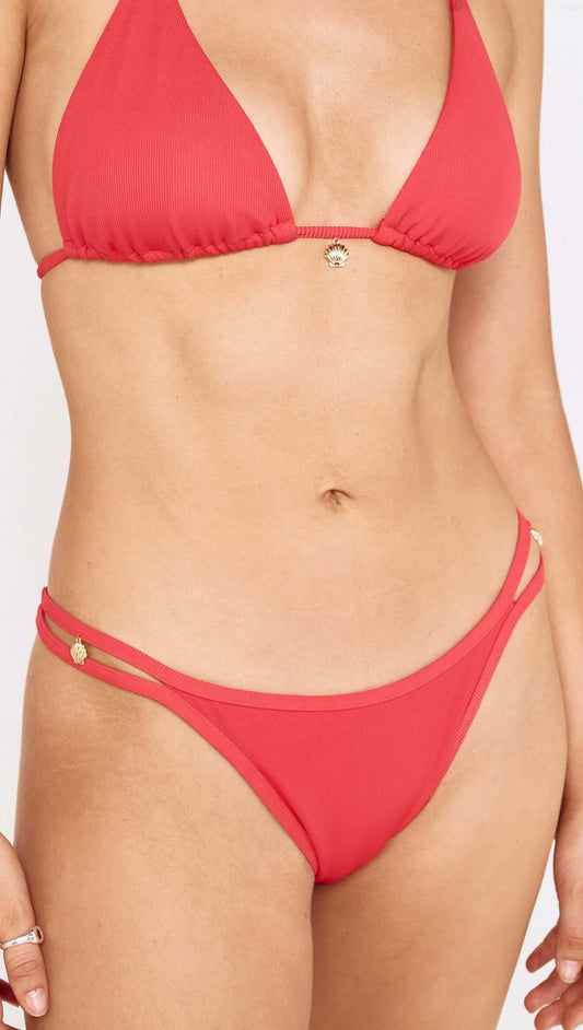 Grapefruit Triangle Bikini Top with Shell Detail, featuring a stylish pink design and unique shell accents.