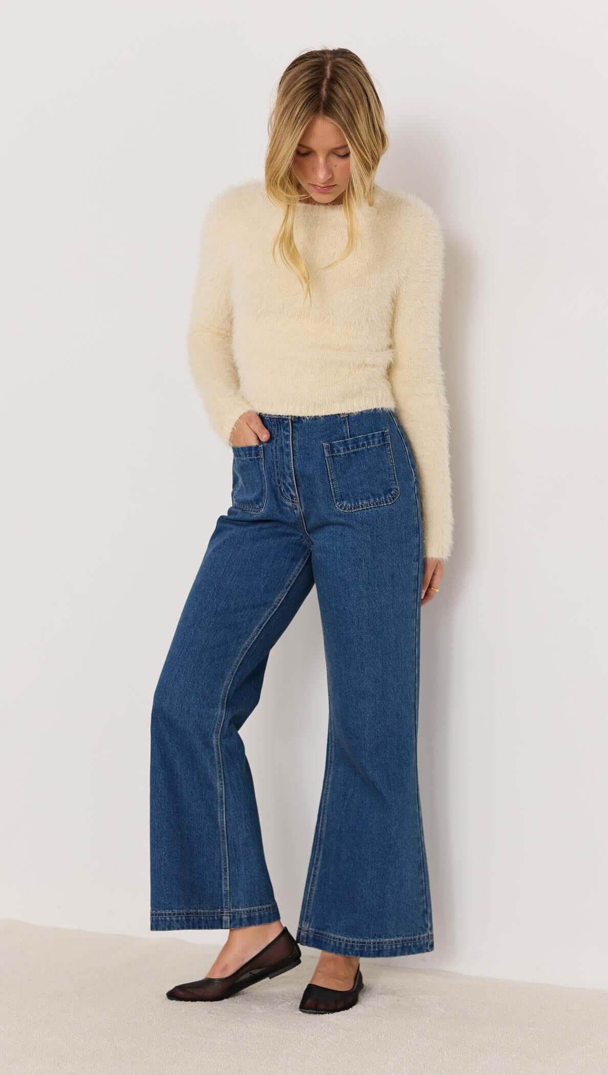 Irena Fluffy Sweater - Cream fluffy cropped knit jumper with high neck and long sleeves