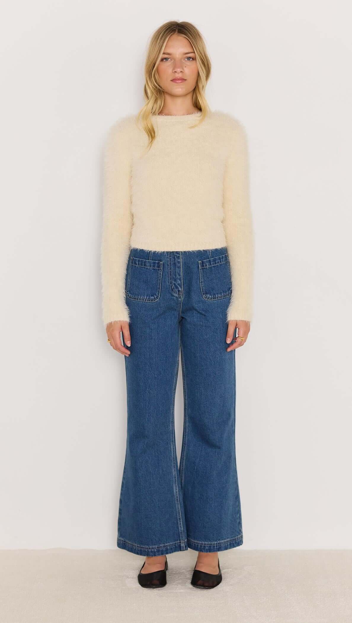 Irena Fluffy Sweater - Cream fluffy cropped knit jumper with high neck and long sleeves