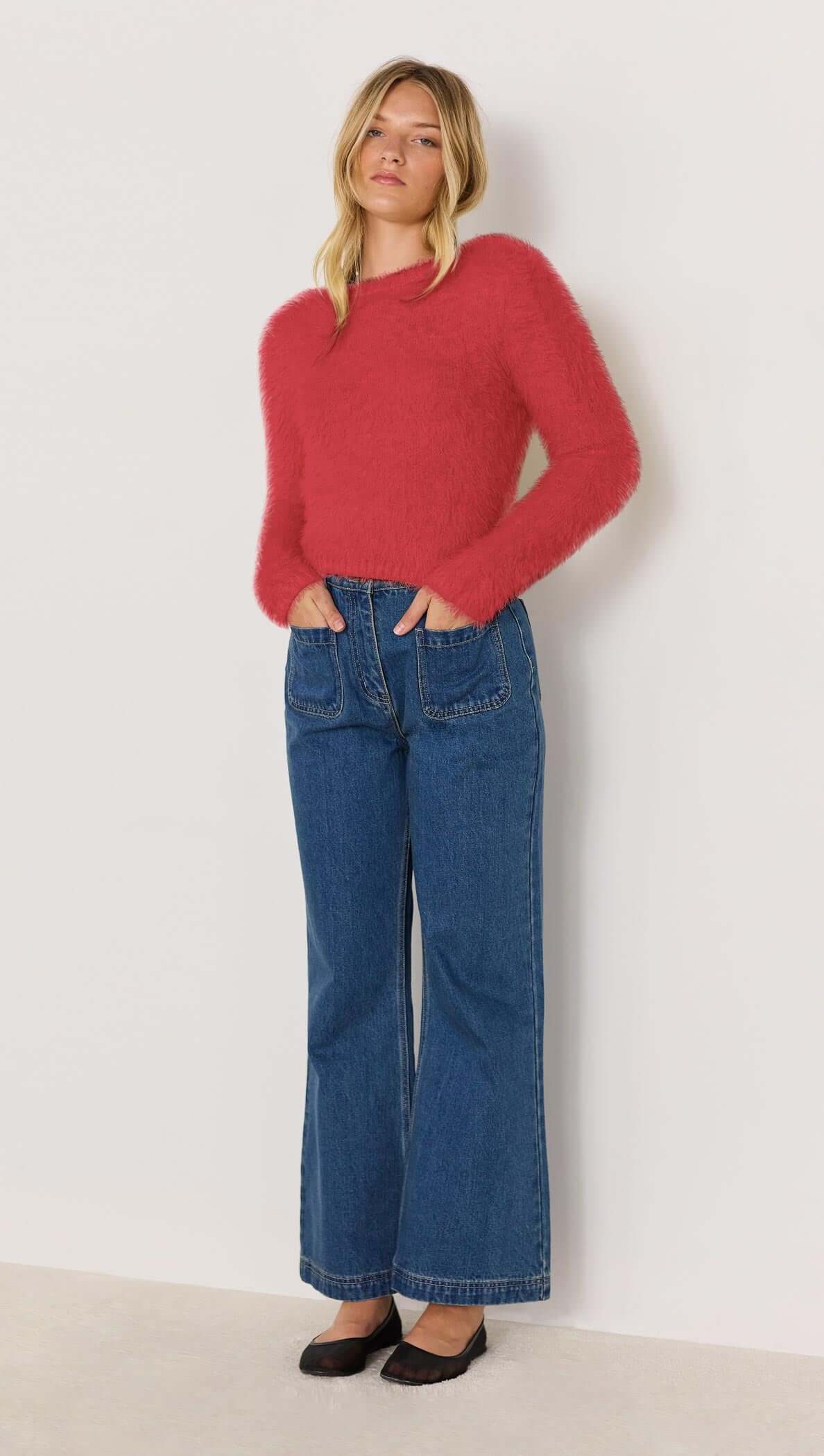 Irena Fluffy Sweater - Red fluffy cropped knit jumper with high neck and long sleeves