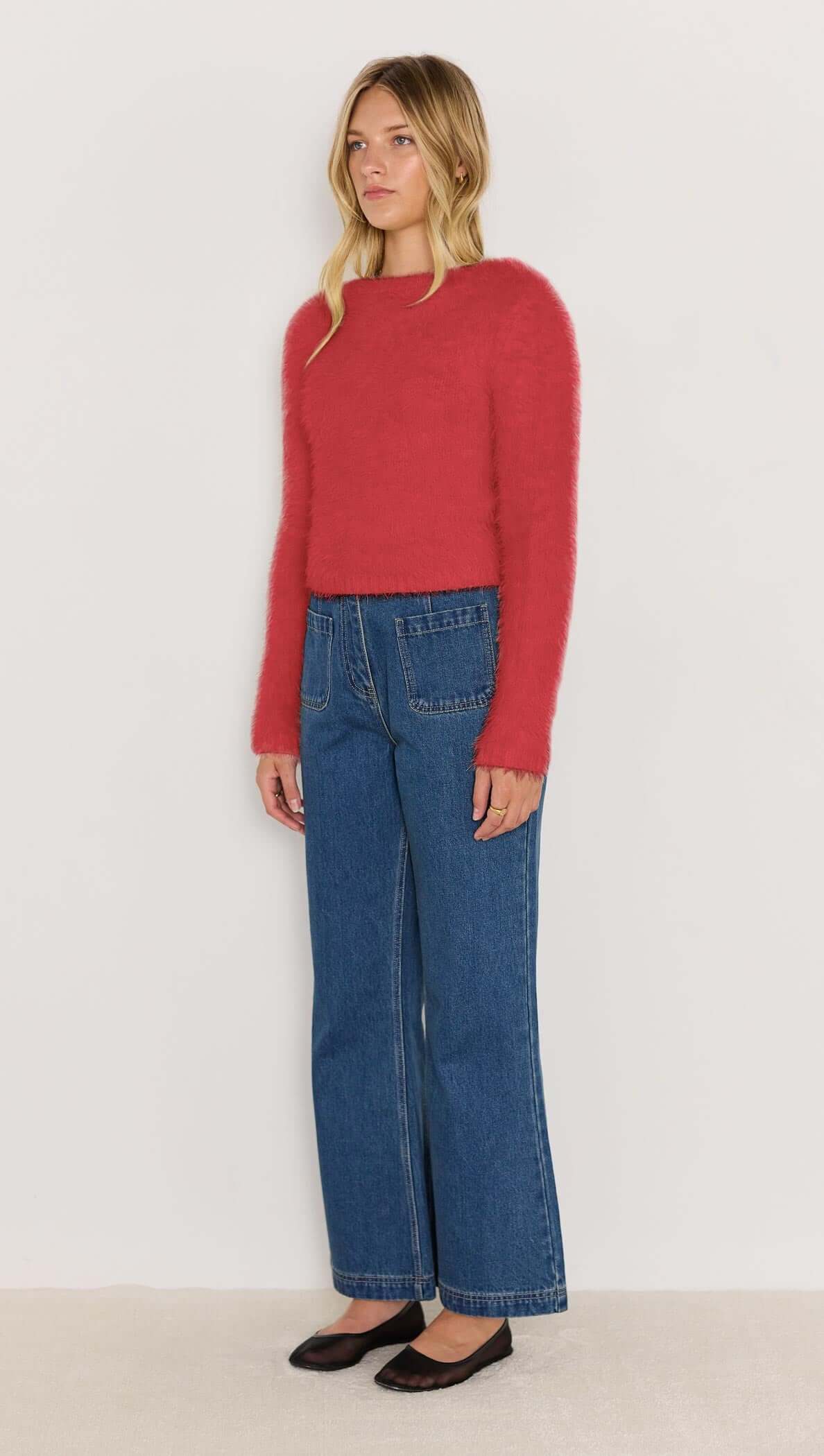 Irena Fluffy Sweater - Red fluffy cropped knit jumper with high neck and long sleeves
