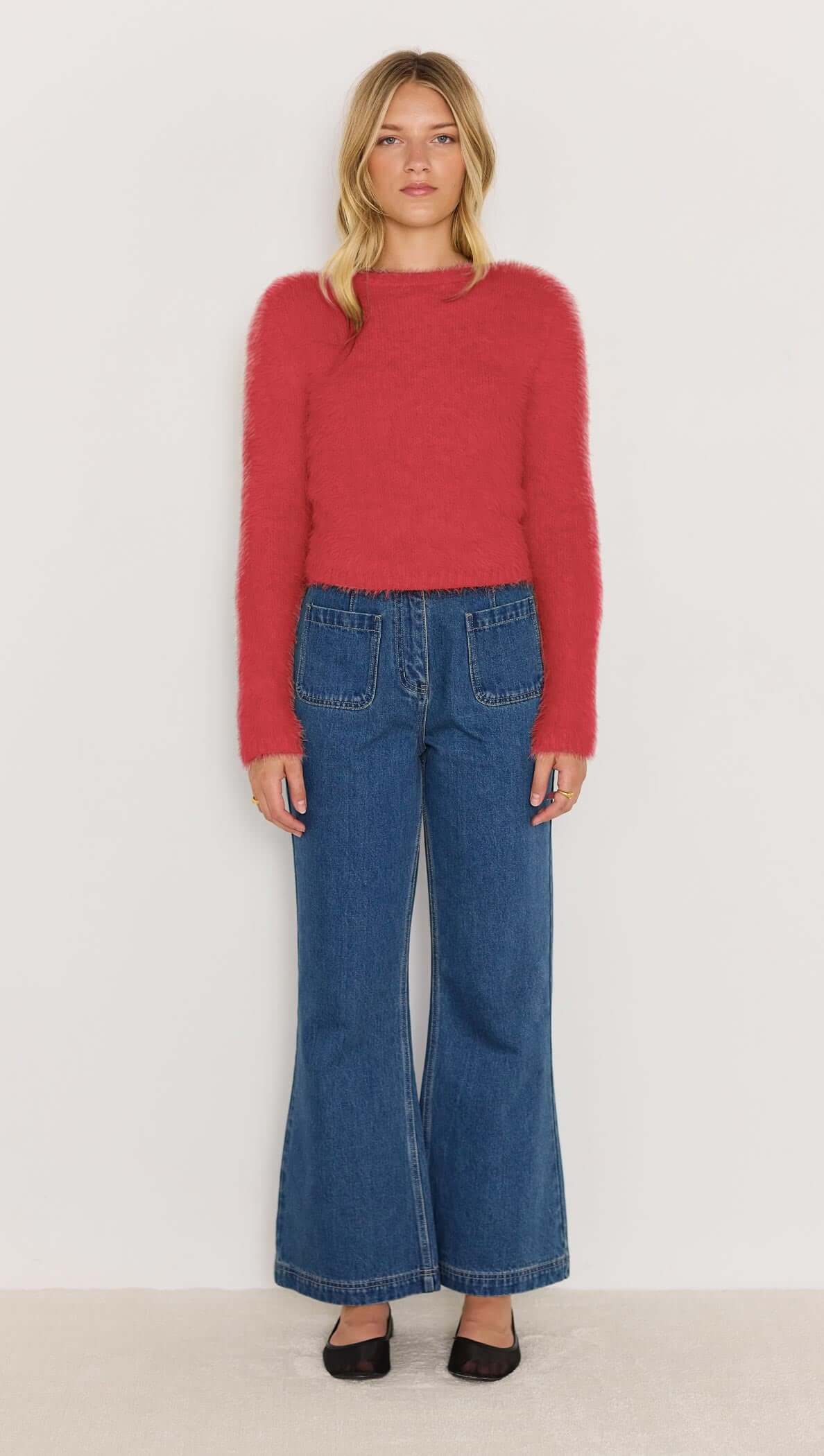 Irena Fluffy Sweater - Red fluffy cropped knit jumper with high neck and long sleeves
